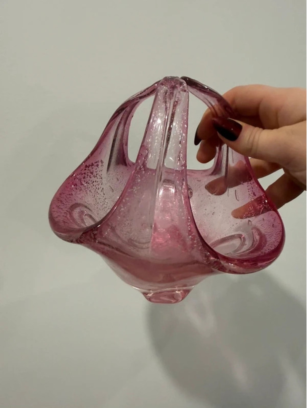 Vintage Pink Cranberry Hand Blown Art Glass Basket
